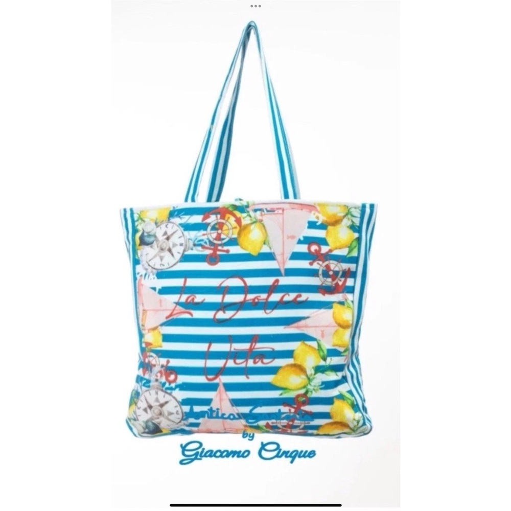 Antica sartoria Lemons Blue Striped zipper Beach Tote Bag NWT